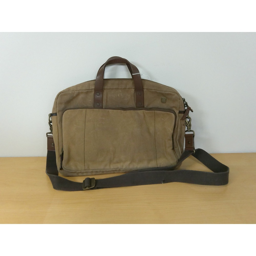 Tumi T-Tech Waxed Canvas Messenger Bag Briefcase Khaki Brown Leather Trim